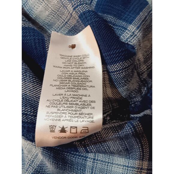 WRANGLER Boho Peasant Top Blouse Flowy Small Plaid Yoke Crochet Blue Casual - Picture 7 of 8